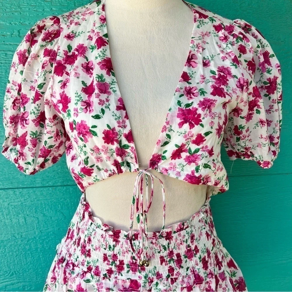 PINK Floral Smocked Waist Tie Front Tiered Ruffle Hem Cutout Dress Medium NWT